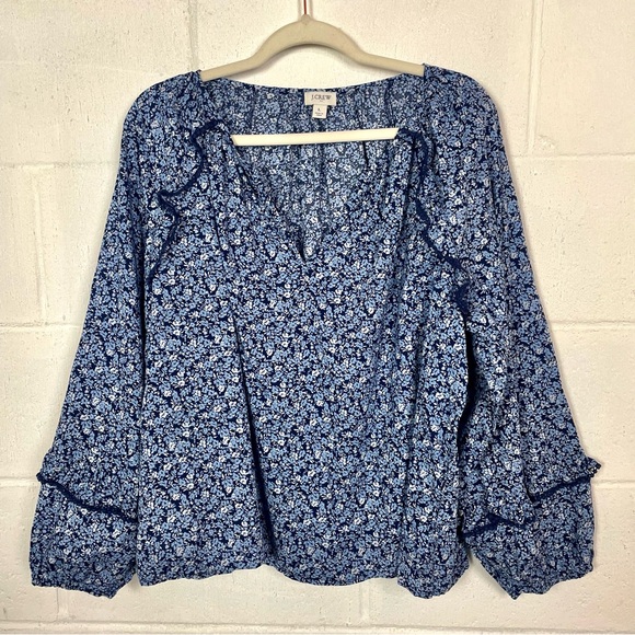 J. Crew Tops - J. Crew V-Neck Popover Top Blue Floral Ruffles Balloon Sleeves Cottage Peasant L